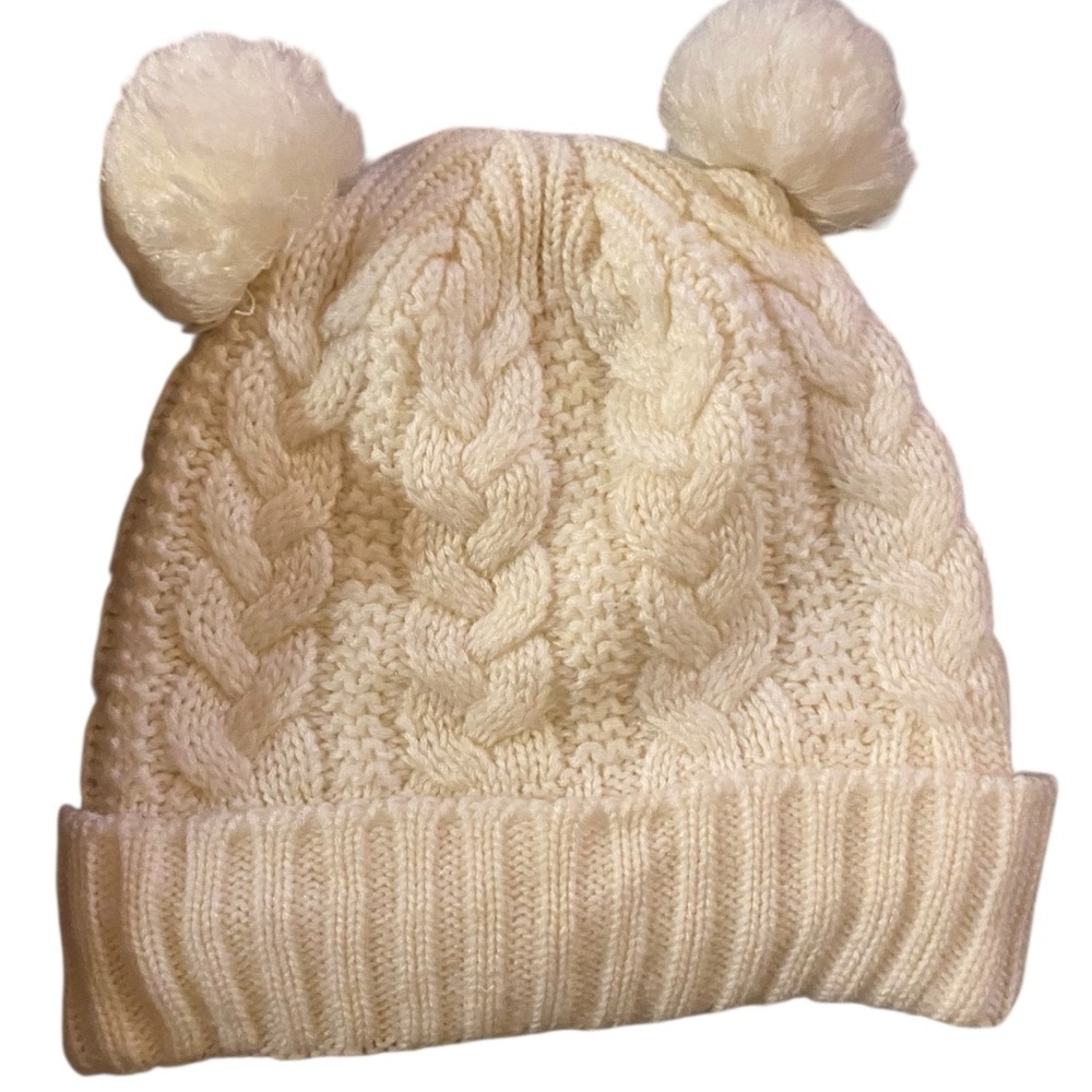 Cream Cable knit Teddy Bear Pom Pom Ears Beanie 
sherpa lined winter Hat kawaii